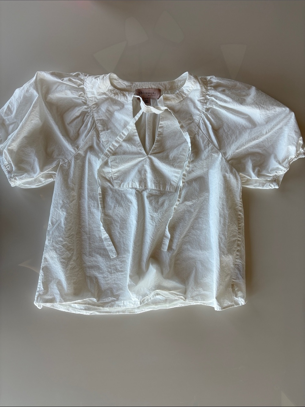 Philosophy White Tie-Neck Puff Sleeves Cotton Blouse